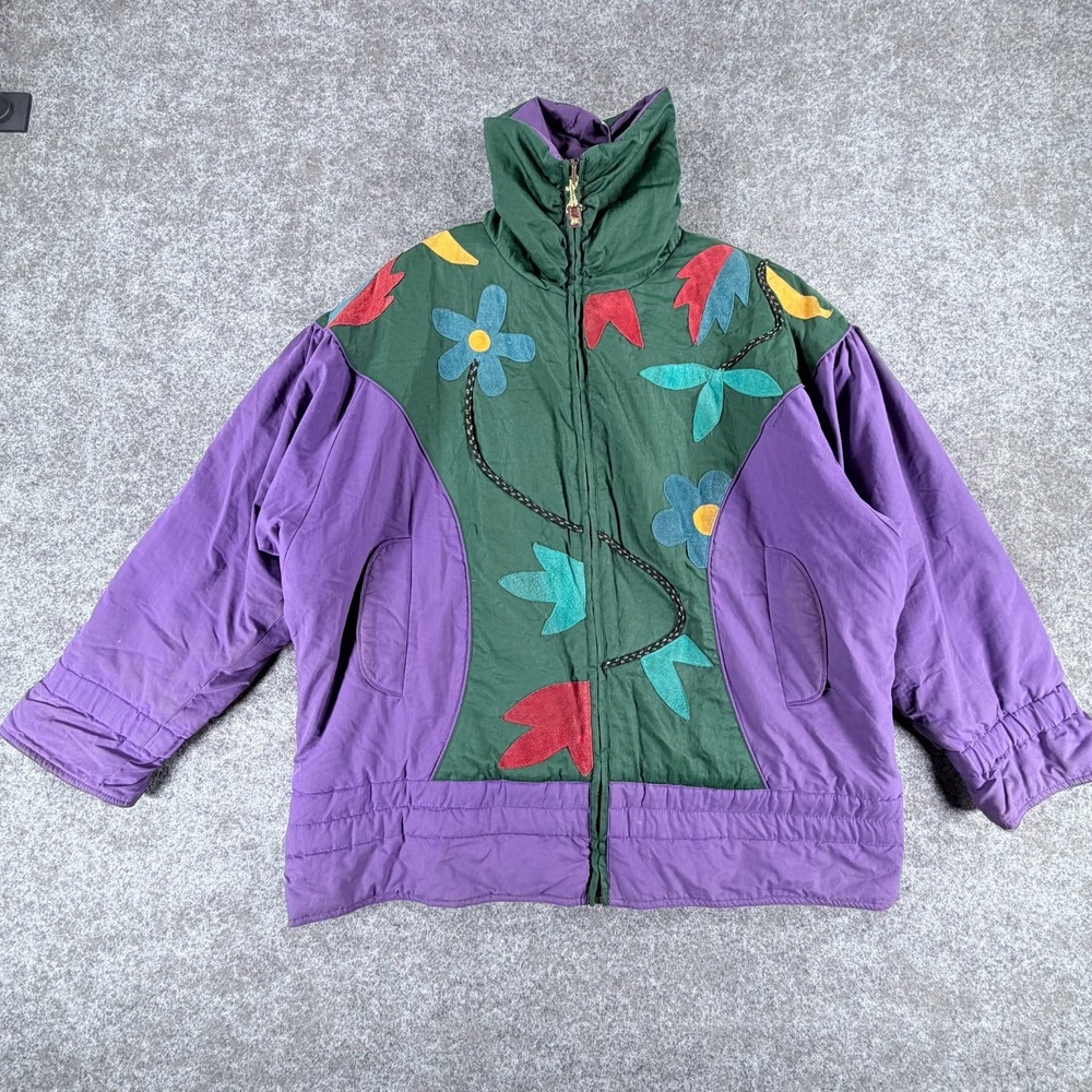 VTG Mulberry Street Windbreaker Jacket Womens M Purple Green Flower Fleece Lined